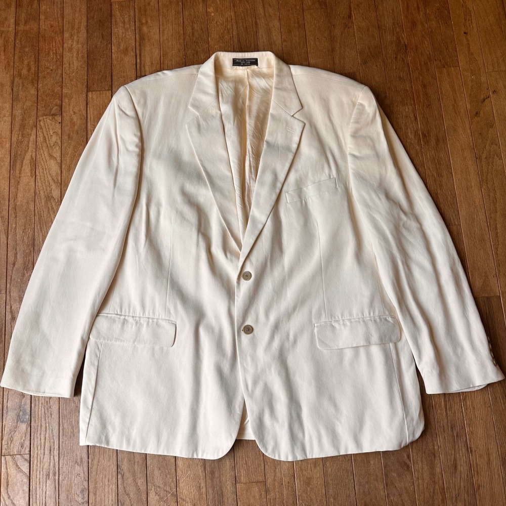Bill Blass Blazer Mens 50R 100% Silk Notched Herringbone Cream Vintage Formal